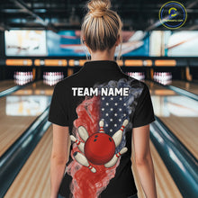 Load image into Gallery viewer, Custom Smoke American Flag Black Bowling Shirts for Women Personalized Patriotic Team Bowling Jerseys NQS10496