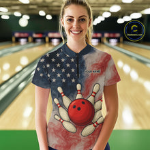 Load image into Gallery viewer, Personalized Smoke American Flag Bowling Shirts for Women Custom Patriotic Team Bowling Outfits NQS10498