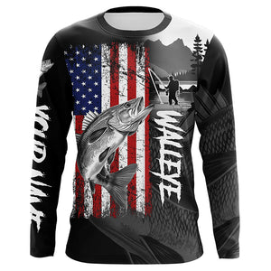 American Flag Walleye Fishing Custom long sleeve performance Fishing Shirts, Walleye fishing jerseys NQS8979