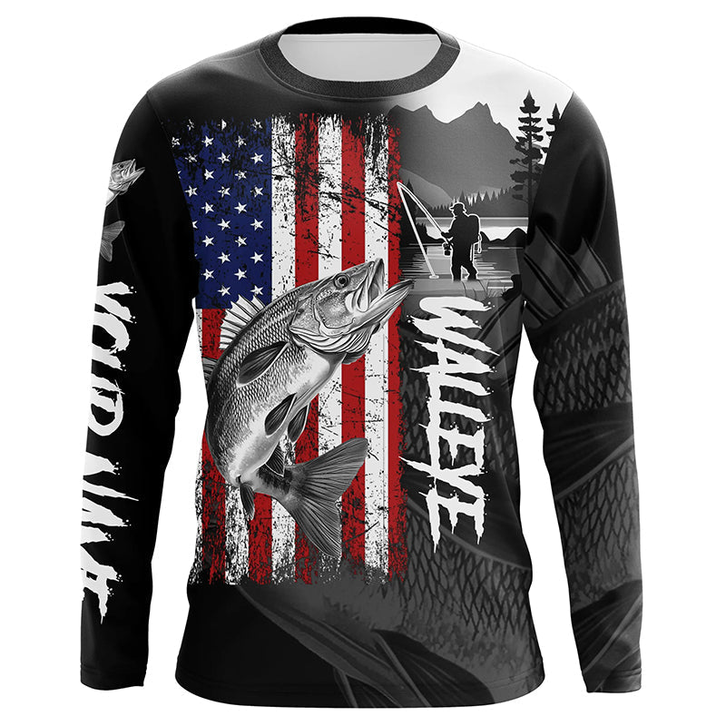 American Flag Walleye Fishing Custom long sleeve performance Fishing Shirts, Walleye fishing jerseys NQS8979