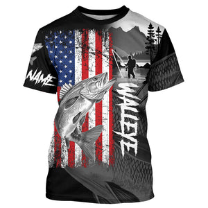 American Flag Walleye Fishing Custom long sleeve performance Fishing Shirts, Walleye fishing jerseys NQS8979