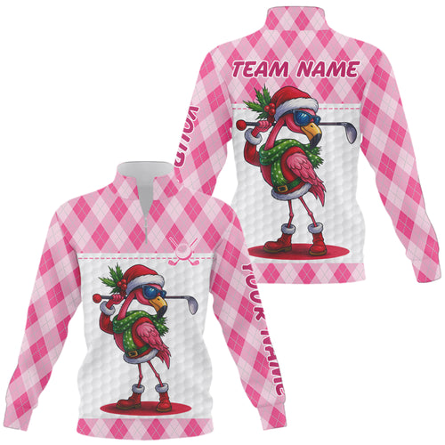 Funny Christmas Flamingo 1/4 zip golf sweatshirt custom pink argyle pattern white golf apparel NQS11087