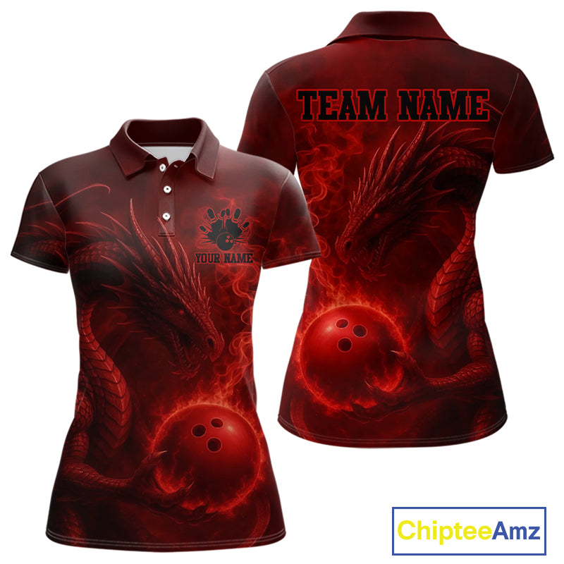 Red Flame Dragon Bowling Polo, 1/4 Zip Shirts For Women Custom Name Team Bowling League Jersey NQS11092
