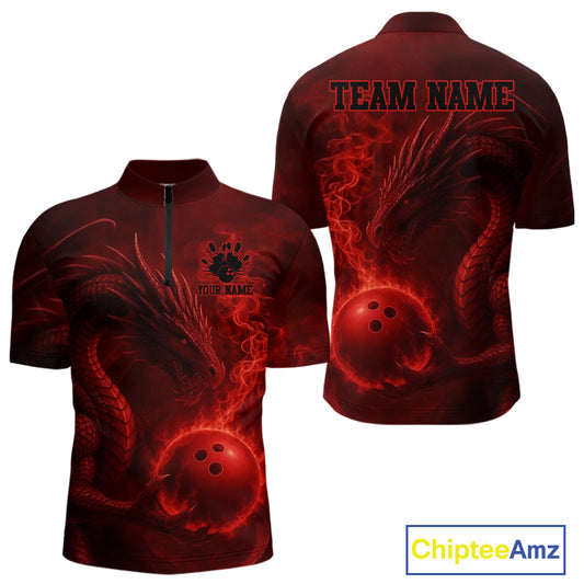 Red Flame Dragon Bowling Polo, 1/4 Zip Shirts For Men Custom Name Team Bowling League Jersey NQS11092