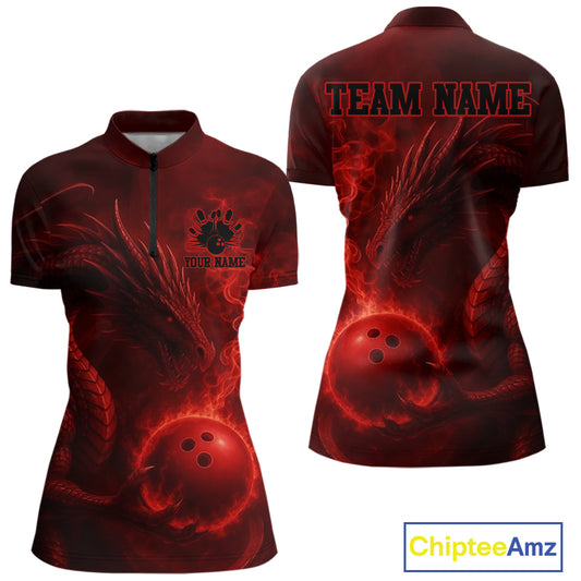 Red Flame Dragon Bowling Polo, 1/4 Zip Shirts For Women Custom Name Team Bowling League Jersey NQS11092