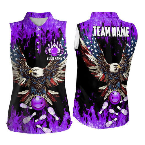 Purple flame Bowling Sleeveless Polo Shirt Custom American flag Eagle Team bowling shirt, bowler gift NQS9215