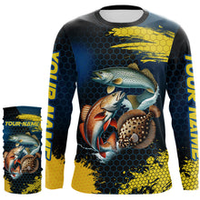 Load image into Gallery viewer, Blue and Yellow Camo Redfish, Speckled Trout, Flounder Texas slam fishing custom fishing jerseys NQS9219
