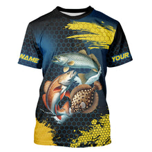 Load image into Gallery viewer, Blue and Yellow Camo Redfish, Speckled Trout, Flounder Texas slam fishing custom fishing jerseys NQS9219