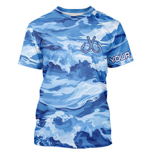 Load image into Gallery viewer, Blue Sea Wave Camo Fish hook custom name long sleeve fishing shirt, camo fishing jerseys NQS9220
