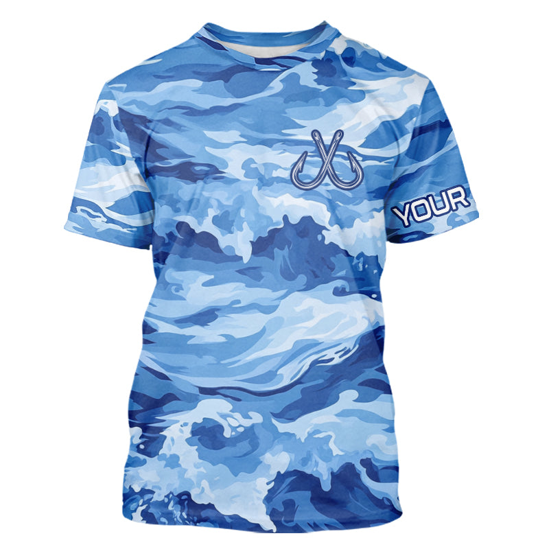 Blue Sea Wave Camo Fish hook custom name long sleeve fishing shirt, camo fishing jerseys NQS9220