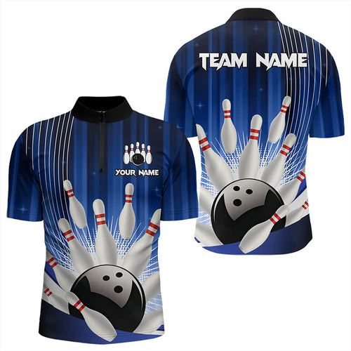 Bowling Polo, Quarter Zip shirts for men Custom Team bowling jerseys, gift for bowlers | Blue NQS9221