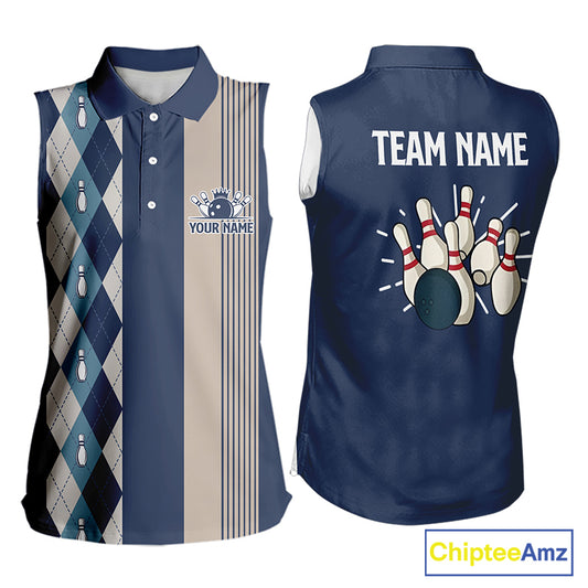 Retro Blue argyle pattern Womens Sleeveless Polo Shirt custom bowling team jersey Ladies Bowler Outfit NQS9411