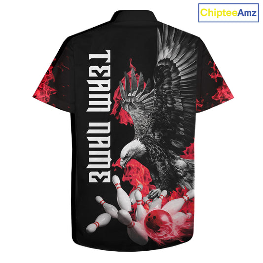Custom Red Flame Black Eagle Bowling Hawaiian Shirt, Team Bowling Button up Clothes NQS11500