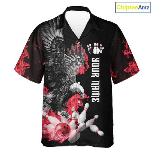 Custom Red Flame Black Eagle Bowling Hawaiian Shirt, Team Bowling Button up Clothes NQS11500