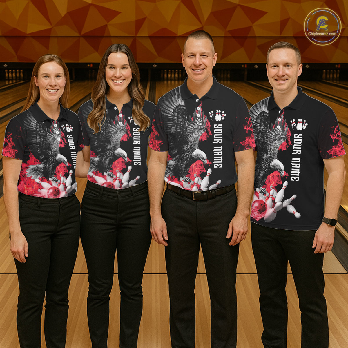 Custom Red Flame Black Eagle Bowling Polo, Quarter Zip Shirt For Women, Team Bowling Clothes NQS11500