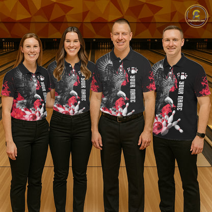 Custom Red Flame Black Eagle Bowling Polo, Quarter Zip Shirt For Women, Team Bowling Clothes NQS11500