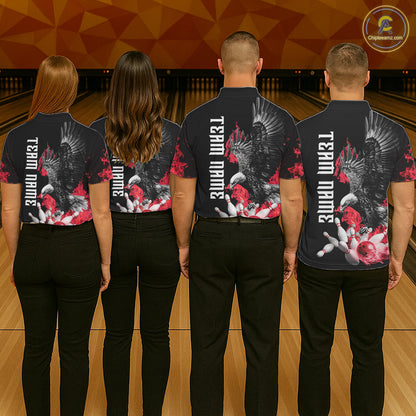 Custom Red Flame Black Eagle Bowling Polo, Quarter Zip Shirt For Women, Team Bowling Clothes NQS11500
