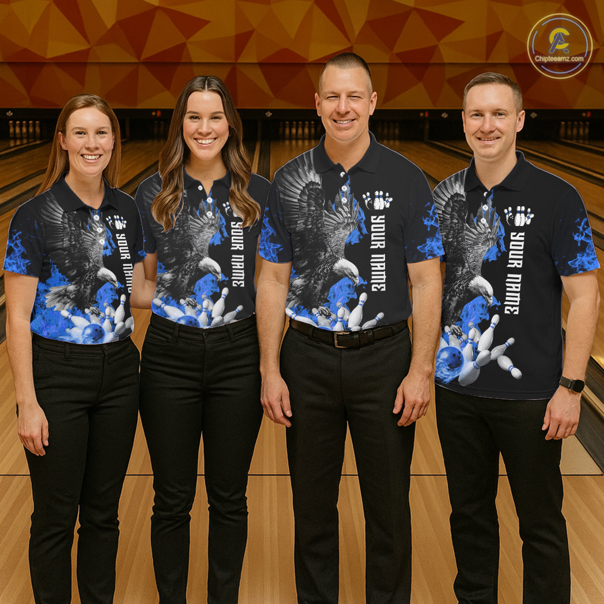 Custom Blue Flame Black Eagle Bowling Polo, Quarter Zip Shirt For Men, Team Bowling Clothes NQS11501