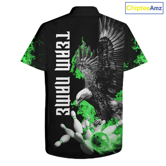 Custom Green Flame Black Eagle Bowling Hawaiian Shirt, Team Bowling Button up Clothes NQS11502