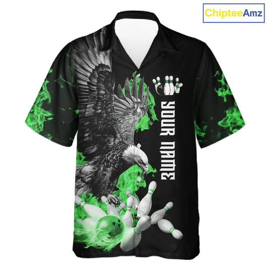Custom Green Flame Black Eagle Bowling Hawaiian Shirt, Team Bowling Button up Clothes NQS11502