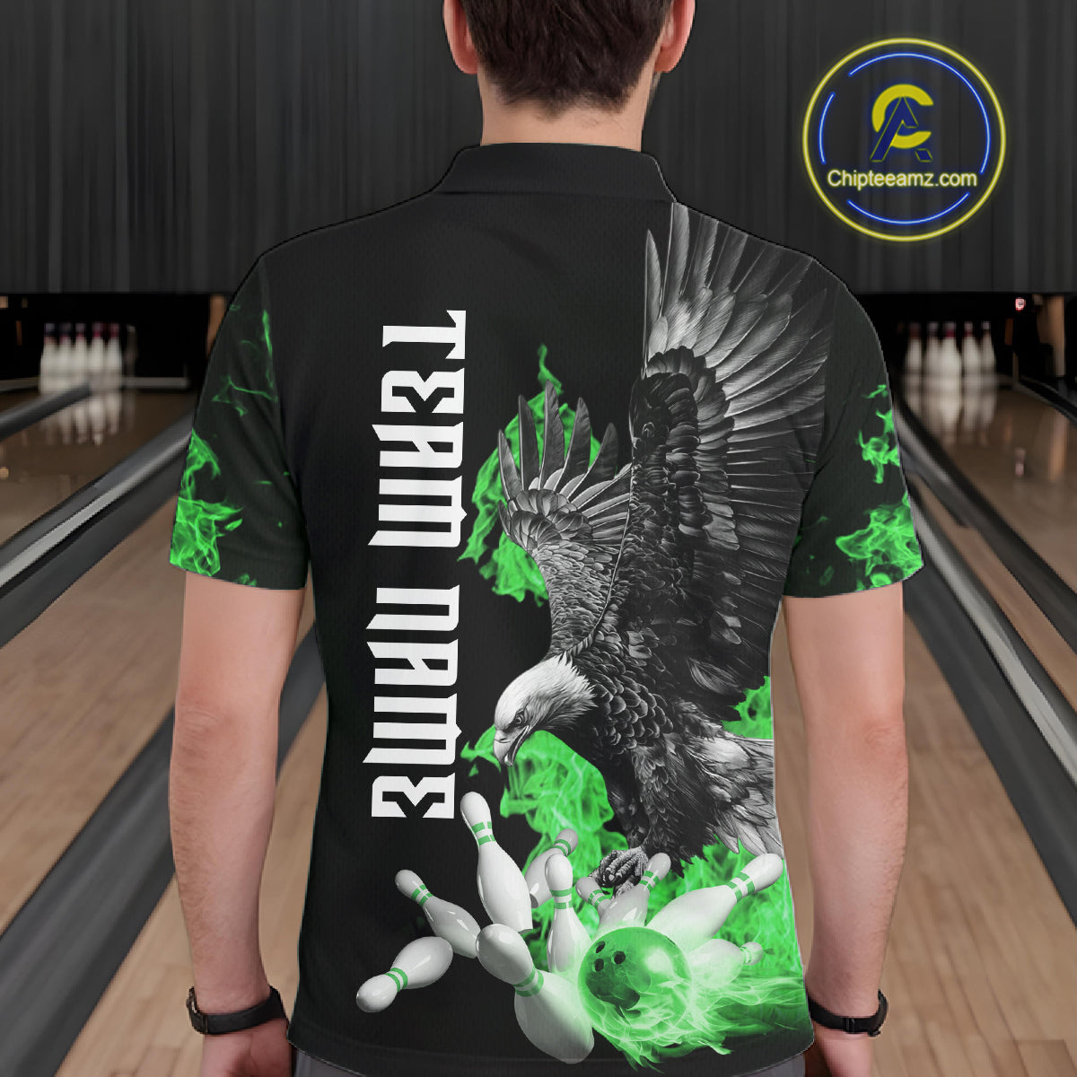Custom Green Flame Black Eagle Bowling Polo, Quarter Zip Shirt For Men, Team Bowling Clothes NQS11502