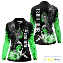 Load image into Gallery viewer, Custom Green Flame Black Eagle Bowling Polo, Quarter Zip Shirt For Women, Team Bowling Clothes NQS11502