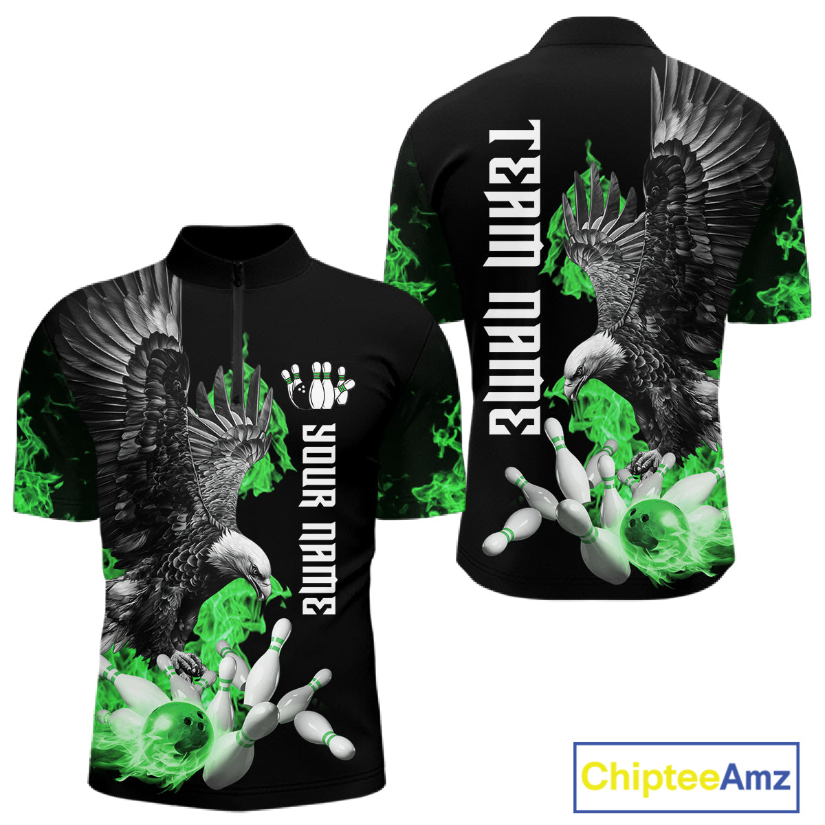 Custom Green Flame Black Eagle Bowling Polo, Quarter Zip Shirt For Men, Team Bowling Clothes NQS11502
