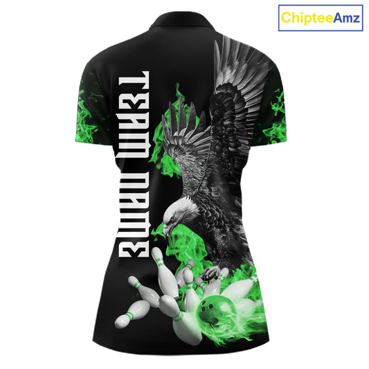 Custom Green Flame Black Eagle Bowling Polo, Quarter Zip Shirt For Women, Team Bowling Clothes NQS11502
