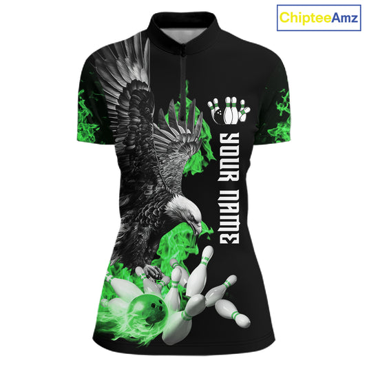 Custom Green Flame Black Eagle Bowling Polo, Quarter Zip Shirt For Women, Team Bowling Clothes NQS11502