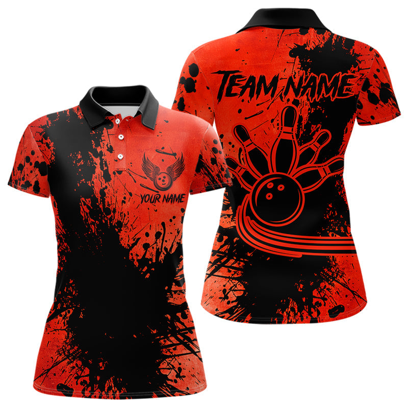 Black and Red Womens Bowling Polo, Quarter Zip Shirts Custom Bowling Team League Jerseys NQS9569