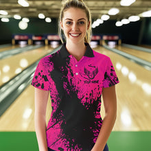 Load image into Gallery viewer, Black and Pink Womens Bowling Polo, Quarter Zip Shirts Custom Bowling Team League Jerseys NQS9570