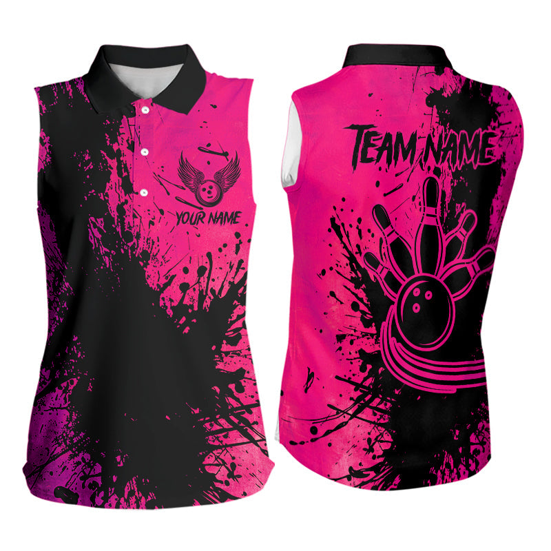 Black and Pink Women Sleeveless Polo Shirt Custom Bowling Team League Jerseys NQS9570