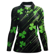 Load image into Gallery viewer, Personalized Black &amp; Green Clover pattern Women golf polo shirt Custom St Patrick Day ladies golf wear NQS9574