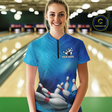 Load image into Gallery viewer, Custom Blue Bowling Team Women Polo, Quarter-Zip Shirts, custom bowling jersey with name NQS10282