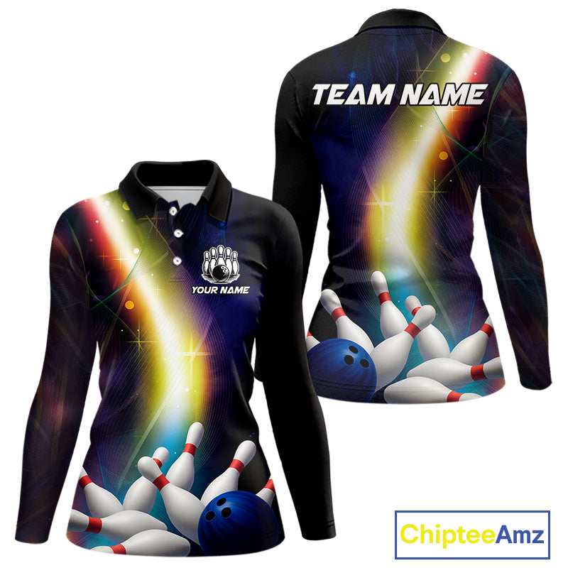 Custom Rainbow Lights Bowling Shirts For Women, Personalized bowling team jersey with name NQS10283