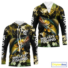 Load image into Gallery viewer, Yellow Camo Walleye fishing sun shirts custom name fishing shirts long sleeve uv protection NQS10285