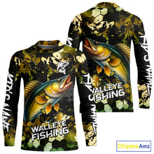 Load image into Gallery viewer, Yellow Camo Walleye fishing sun shirts custom name fishing shirts long sleeve uv protection NQS10285