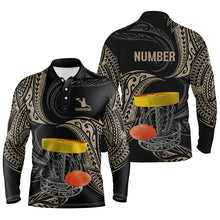 Load image into Gallery viewer, Mens disc golf polo shirts custom name, number black tribal disc golf shirt, disc golf outfit NQS6175