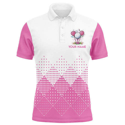 White and Pink argyle plaid pattern Men's custom golf shirts, personalized golf gifts for men NQS8310