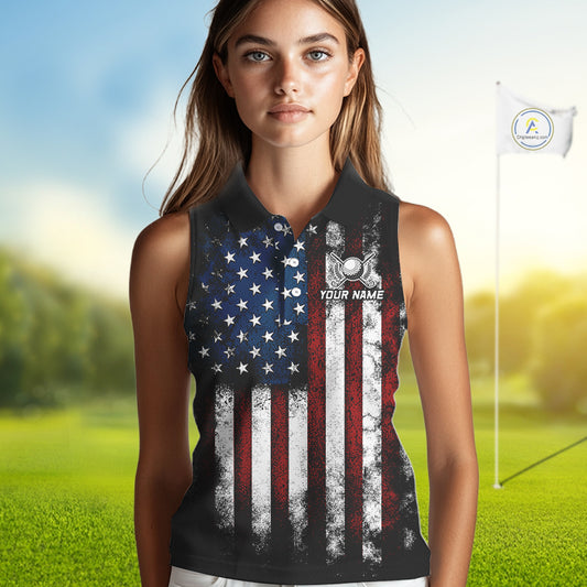 Vintage American Flag Eagle Black Golf Sleeveless Polo Shirts Custom Ladies patriotic golf shirts NQS10502
