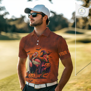 Funny Flamingo Pumpkin Golf Polo Shirt For Men Custom Halloween Golf Tops | Orange NQS10702