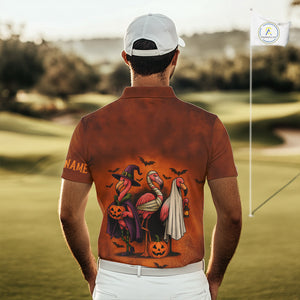 Funny Flamingo Pumpkin Golf Polo Shirt For Men Custom Halloween Golf Tops | Orange NQS10702