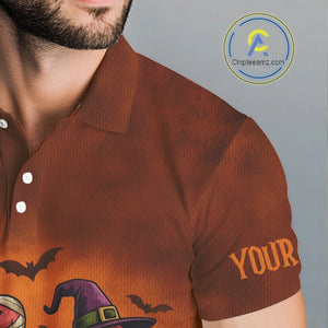 Funny Flamingo Pumpkin Golf Polo Shirt For Men Custom Halloween Golf Tops | Orange NQS10702