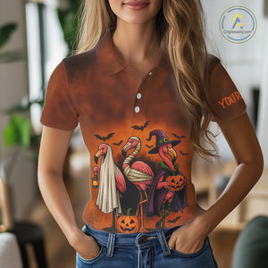 Funny Flamingo Pumpkin Golf Polo Shirt For Women Custom Halloween Golf Tops | Orange NQS10702