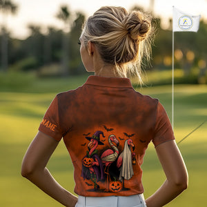 Funny Flamingo Pumpkin Golf Polo Shirt For Women Custom Halloween Golf Tops | Orange NQS10702