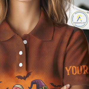 Funny Flamingo Pumpkin Golf Polo Shirt For Women Custom Halloween Golf Tops | Orange NQS10702