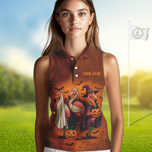 Funny Flamingo Pumpkin Sleeveless Golf Polo Shirt For Women Custom Halloween Golf Tops | Orange NQS10702