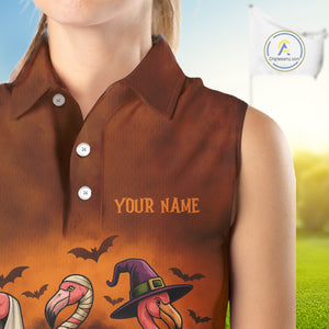 Funny Flamingo Pumpkin Sleeveless Golf Polo Shirt For Women Custom Halloween Golf Tops | Orange NQS10702