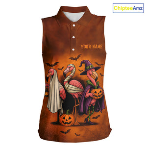 Funny Flamingo Pumpkin Sleeveless Golf Polo Shirt For Women Custom Halloween Golf Tops | Orange NQS10702