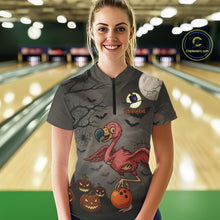 Load image into Gallery viewer, Funny Flamingo Halloween Bowling Polo, 1/4 Zip Shirt For Women Custom Halloween Bowling Team Jersey NQS10703